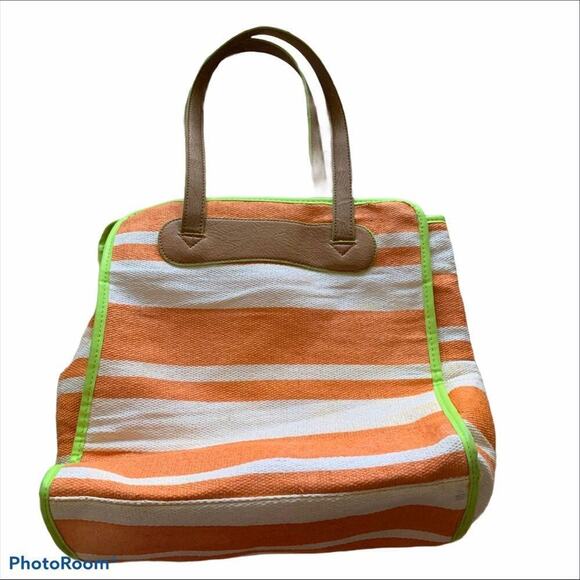 Neiman Marcus bag large tote Orange/white/green trim open double strap purse - Picture 1 of 10